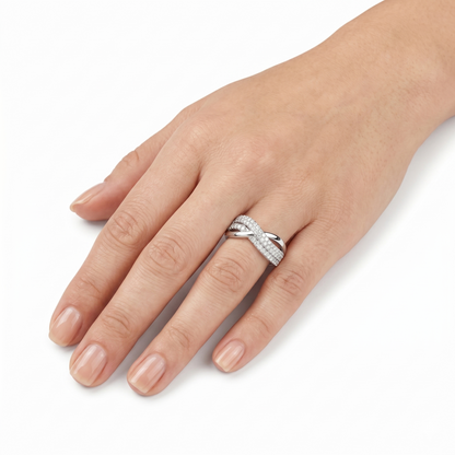 PLATINUM PLATED SILVER THROUGH THICK AND THIN CRISS CROSS MOISSANITE RING W/ HIGH POLISH AND POETRY CARD