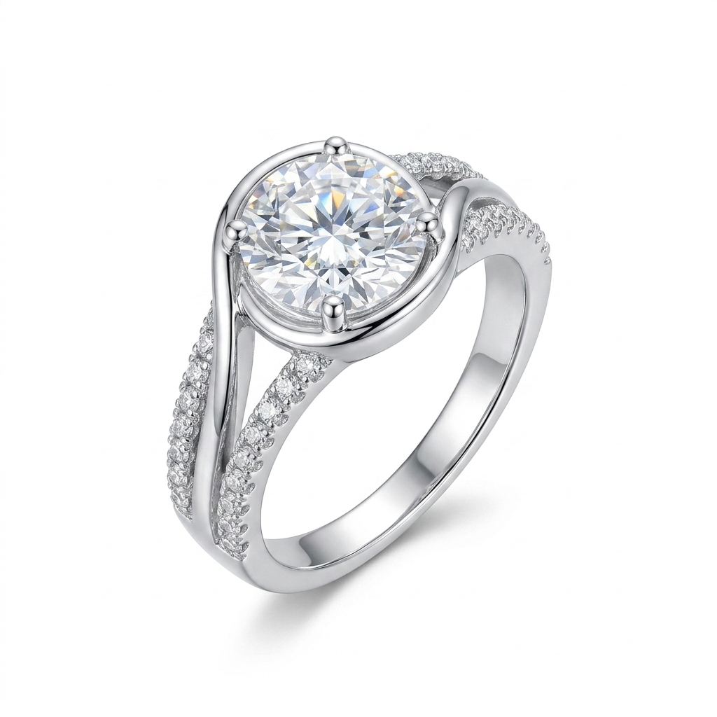 PLATINUM PLATED SILVER THROUGH THICK AND THIN RING W/ 2CT ROUND MOISSANITE CENTER STONE AND POETRY CARD