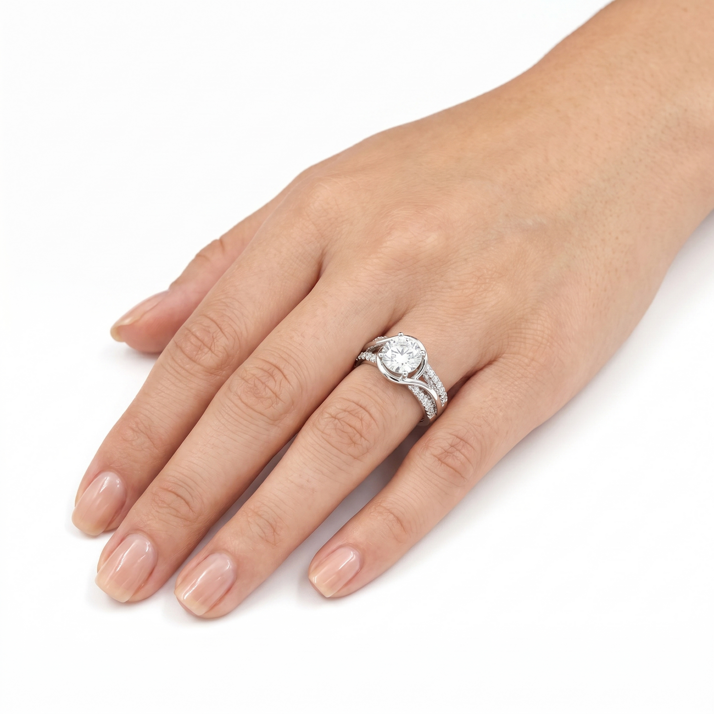PLATINUM PLATED SILVER THROUGH THICK AND THIN RING W/ 2CT ROUND MOISSANITE CENTER STONE AND POETRY CARD