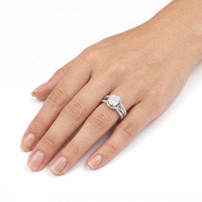 PLATINUM PLATED SILVER THROUGH THICK AND THIN RING W/ 2CT ROUND MOISSANITE CENTER STONE AND POETRY CARD