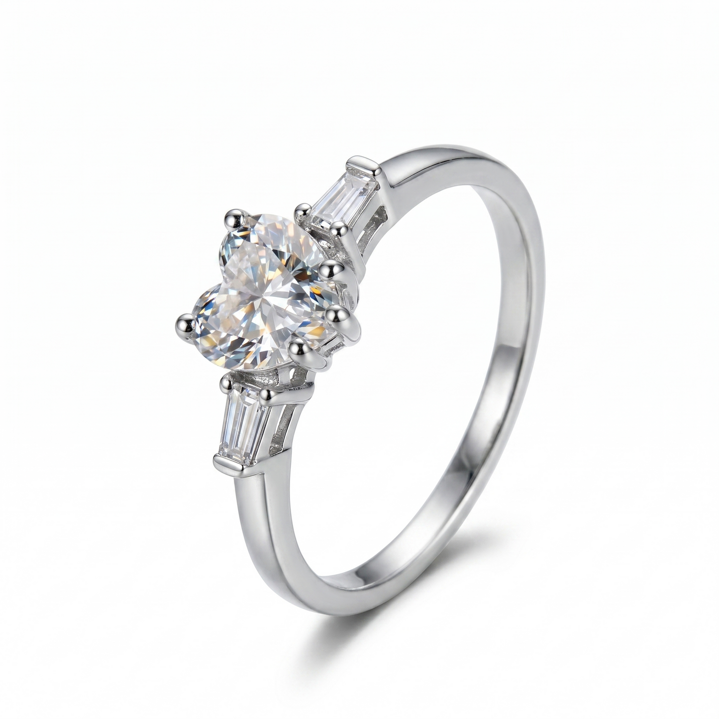 Platinum Plated Silver 3 Stone Heart Moissanite Ring 1.2ct Total