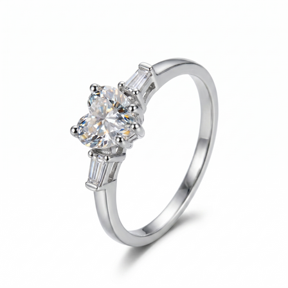 Platinum Plated Silver 3 Stone Heart Moissanite Ring 1.2ct Total