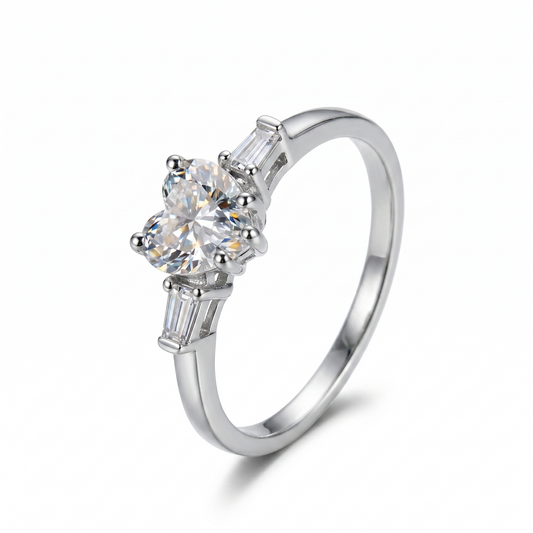 Platinum Plated Silver 3 Stone Heart Moissanite Ring 1.2ct Total