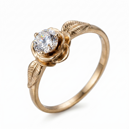 10k Yellow Gold Flower Solitaire Moissanite Ring 0.5ct - Wedding Rings and Engagement Rings Collection