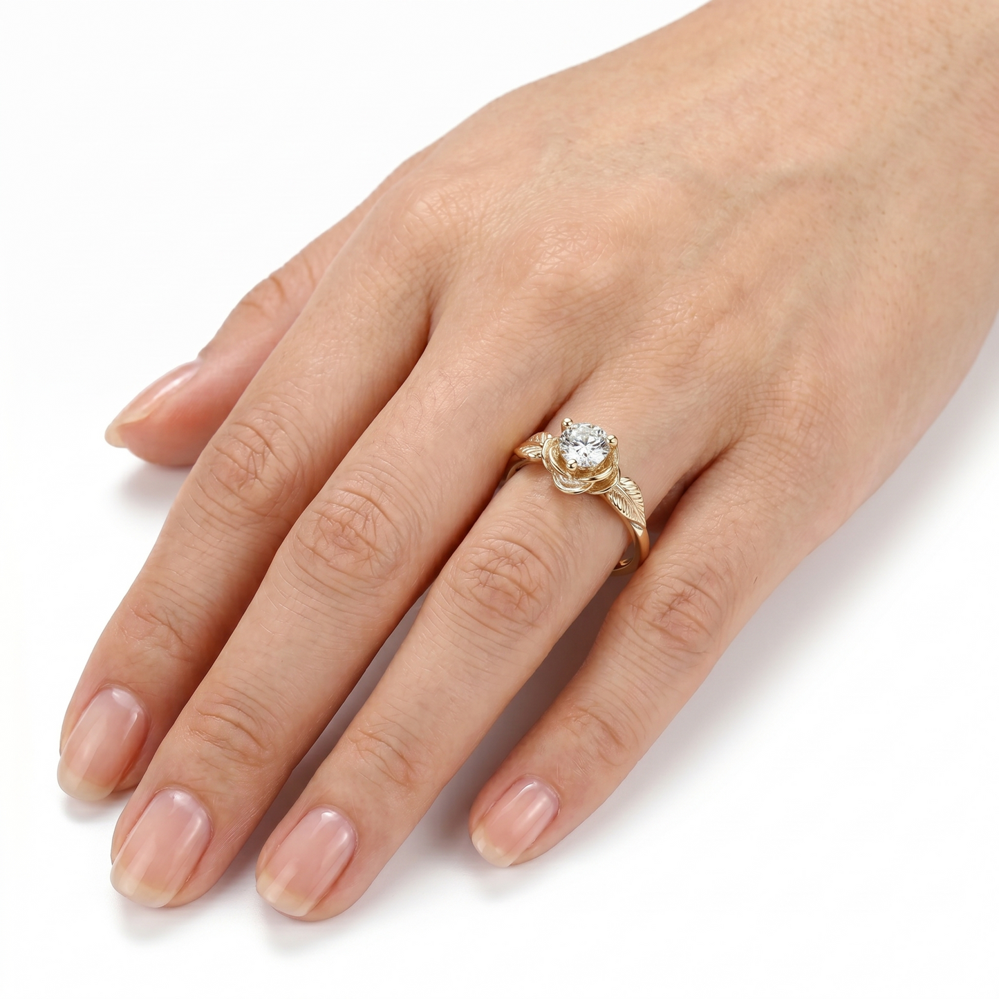 10k Yellow Gold Flower Solitaire Moissanite Ring 0.5ct - Wedding Rings and Engagement Rings Collection