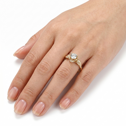 10k Yellow Gold Flower Solitaire Moissanite Ring 0.5ct - Wedding Rings and Engagement Rings Collection