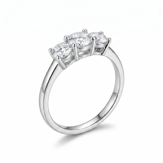 Platinum Plated Silver 3 Stone Moissanite Ring 0.75ct Total