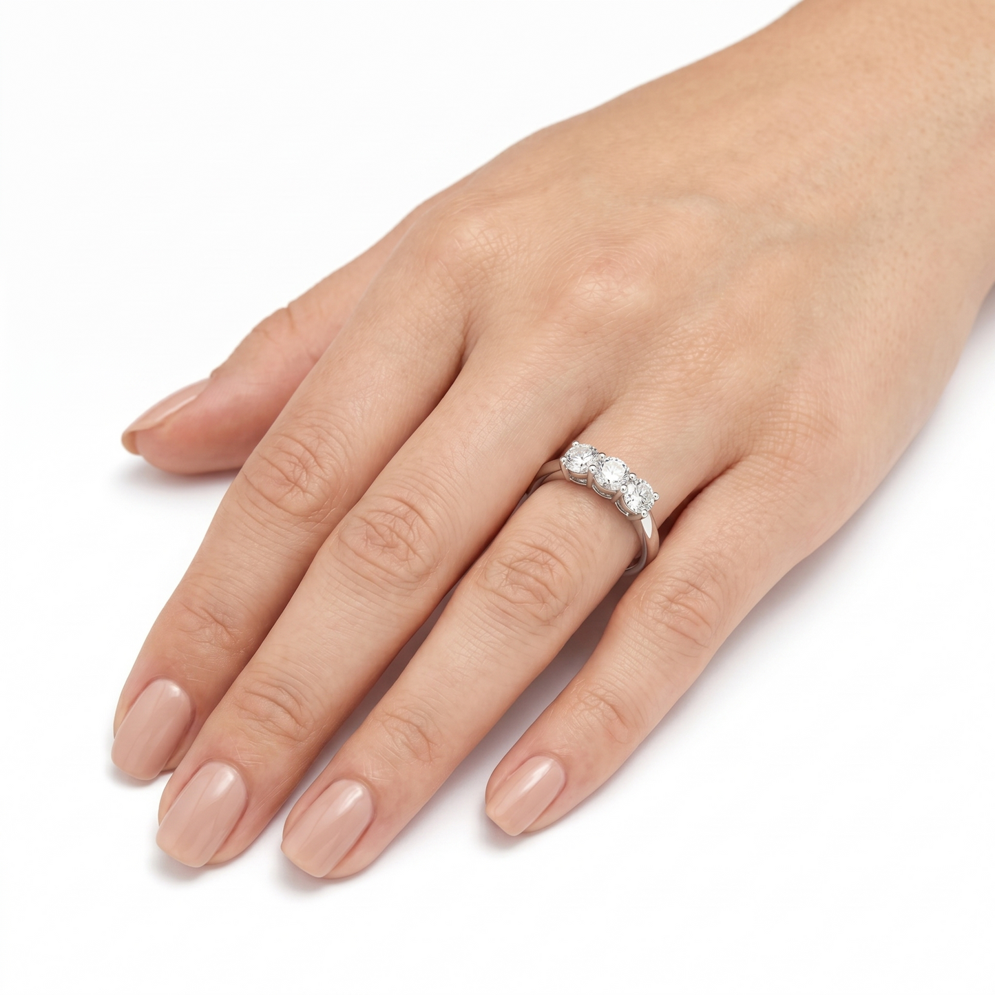 Platinum Plated Silver 3 Stone Moissanite Ring 0.75ct Total