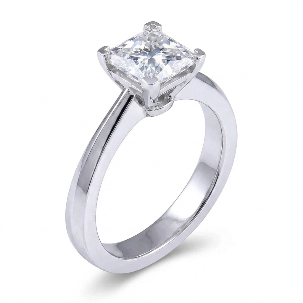 14k White Gold or Silver Moissanite Engagement Rings Princess Cut 1.3ct