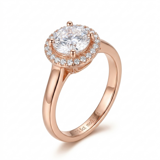 14k Yellow Gold Halo Moissanite Ring 0.5ct Center Stone | Unique Engagement Ring Stores