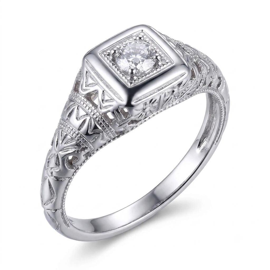 10k White Gold Vintage / Unique Moissanite Ring 0.1ct / Wedding Ring Vintage