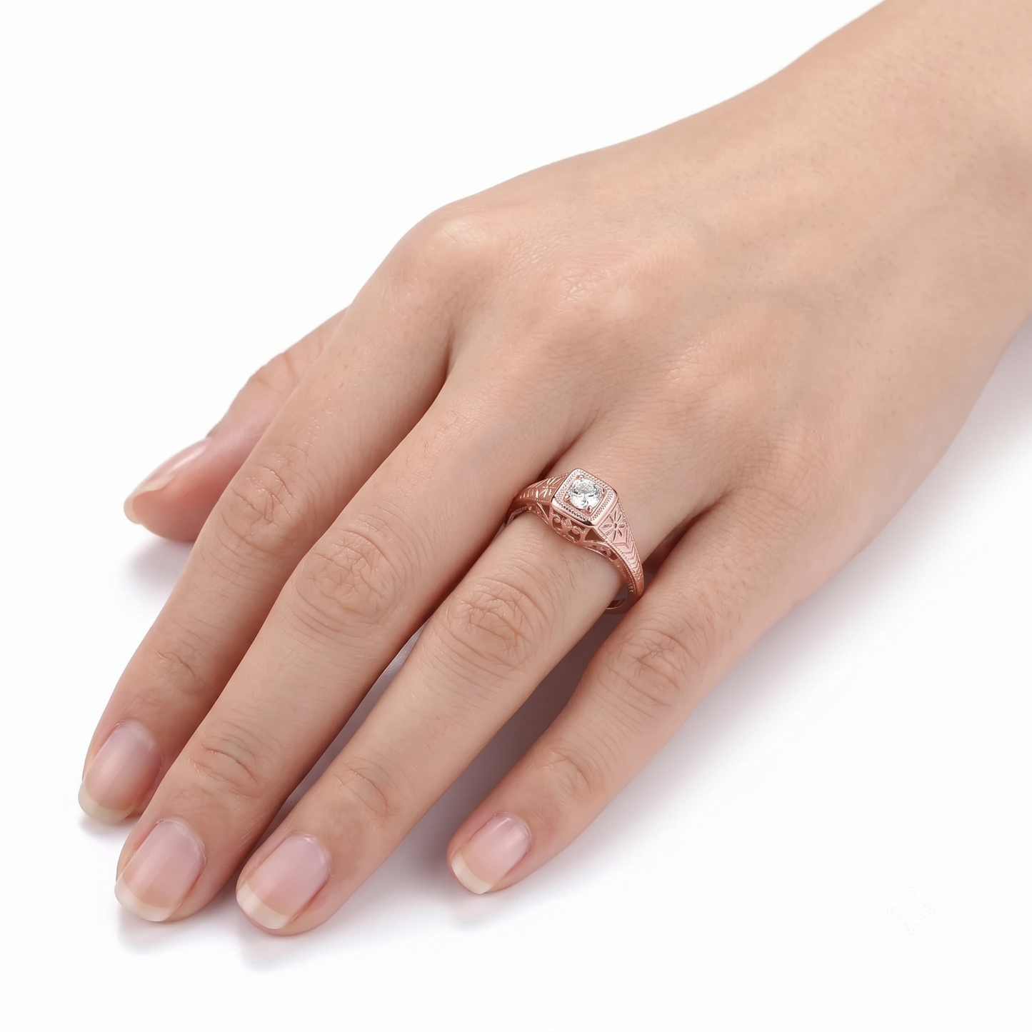 14k Rose Gold Vintage / Unique Moissanite Ring 0.1ct / Vintage Wedding Ring
