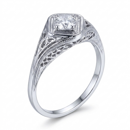 10k White Gold Vintage Wedding Band / Unique Moissanite Ring 0.3ct