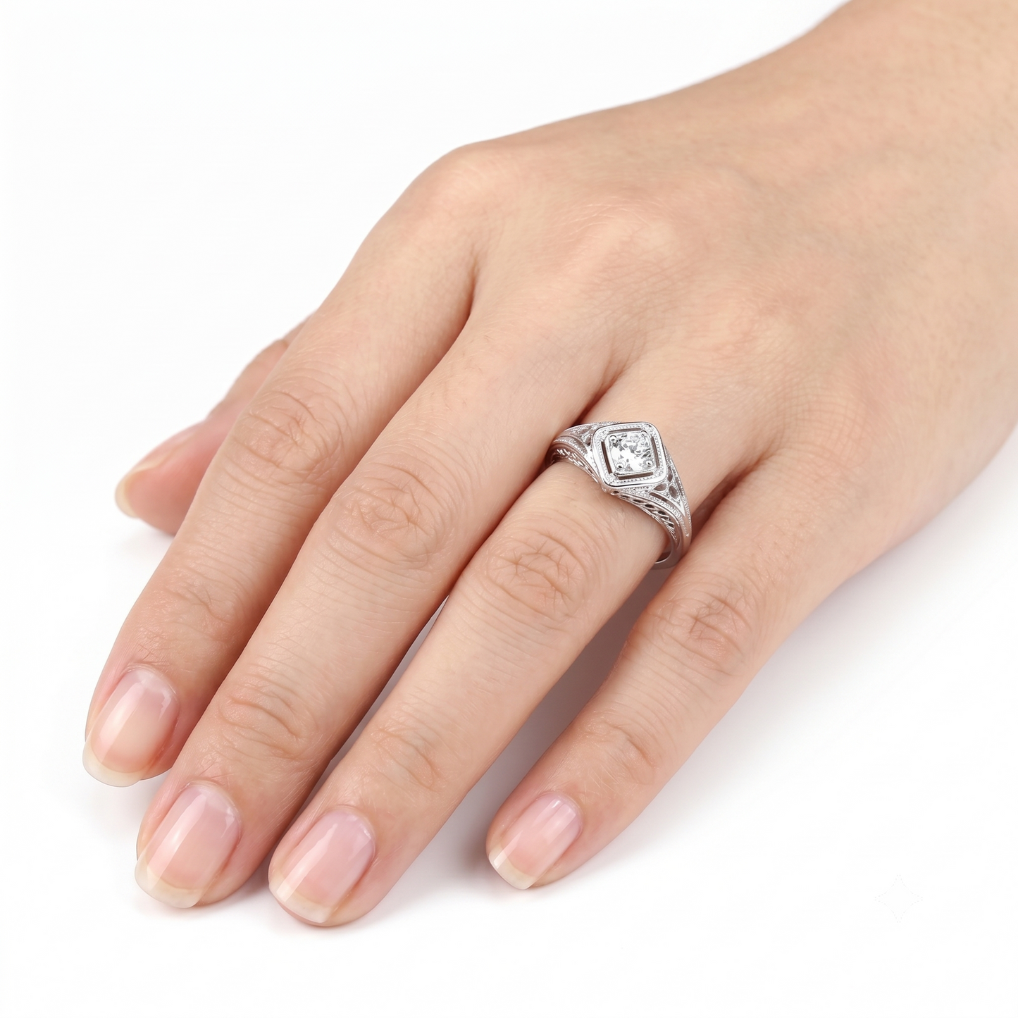 10k White Gold Vintage Wedding Band / Unique Moissanite Ring 0.3ct