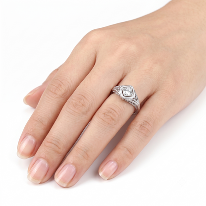 10k White Gold Vintage Wedding Band / Unique Moissanite Ring 0.3ct