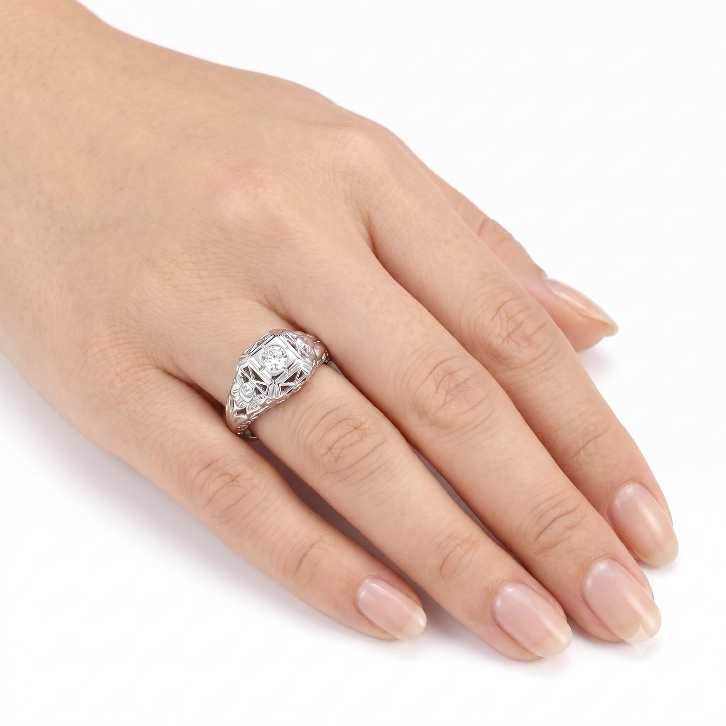 10k White Gold Vintage / Unique Moissanite Ring 0.1ct / Engagement Rings Female Collection