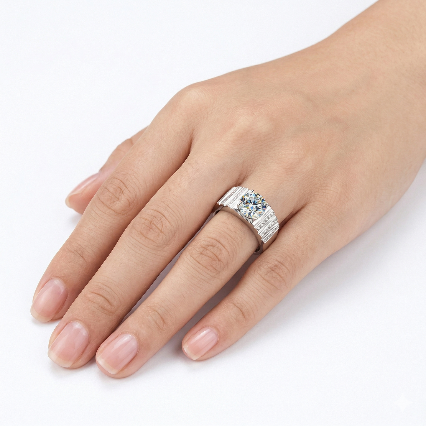 Platinum Plated Silver Wide Band Moissanite Ring 2ct / Platinum Moissanite Ring