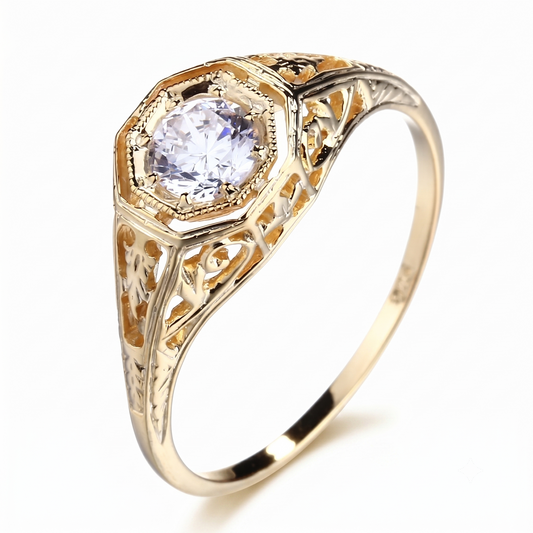 14k Yellow Gold Vintage Bridal Rings / Unique Moissanite Ring 0.4ct