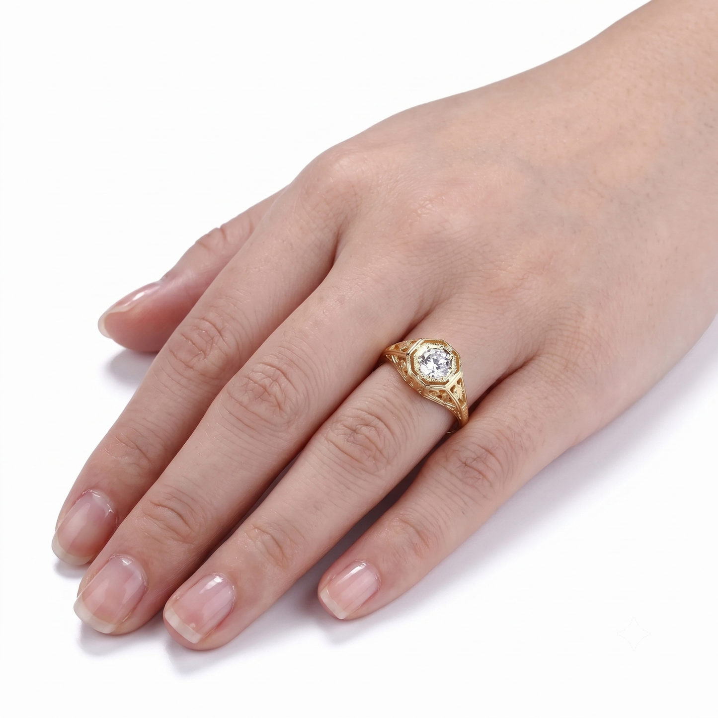 14k Yellow Gold Vintage Bridal Rings / Unique Moissanite Ring 0.4ct