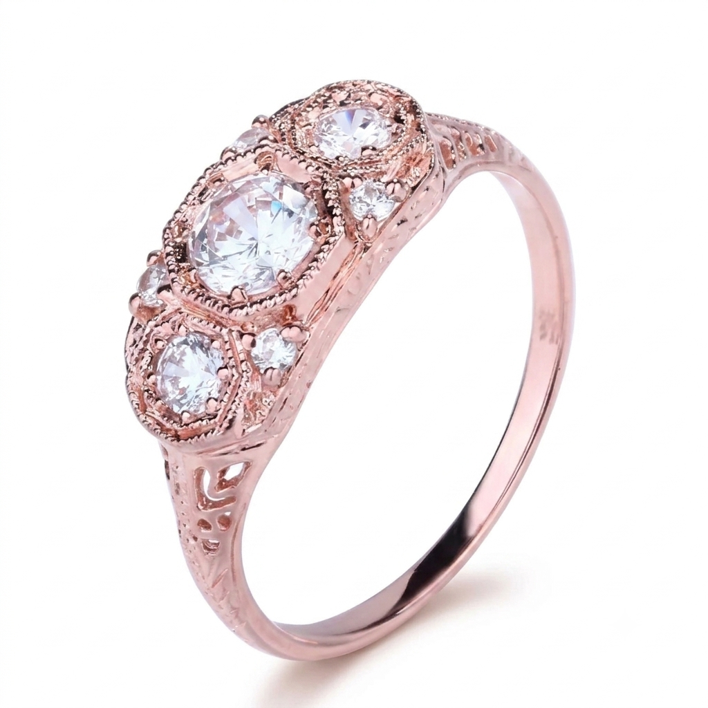 14k Rose Gold 3 Stone Moissanite Ring 0.7ct Total | Best Wedding Ring Jewelers