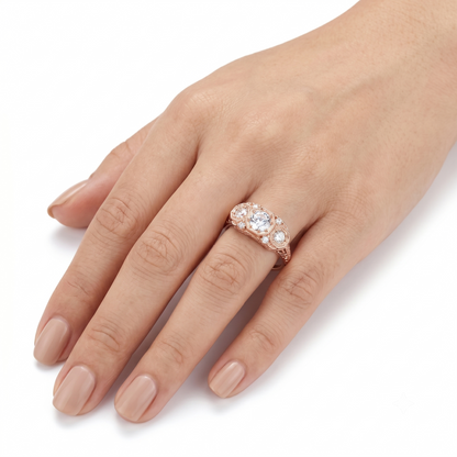 14k Rose Gold 3 Stone Moissanite Ring 0.7ct Total | Best Wedding Ring Jewelers