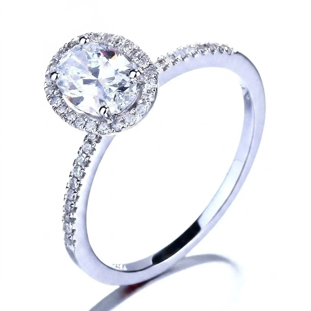 10k White Gold Moissanite Oval Cut Halo Ring 1ct Total
