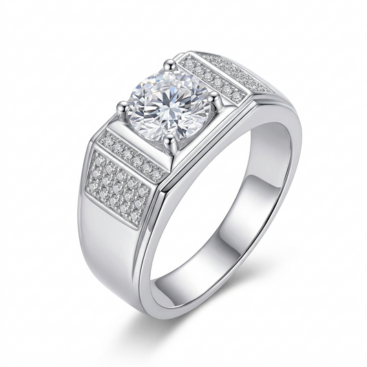 Wide Band White Gold Plated Moissanite Ring 1ct Center Stone