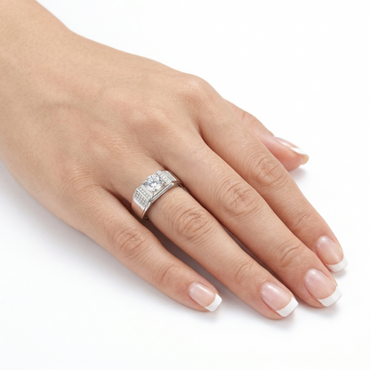 Wide Band White Gold Plated Moissanite Ring 1ct Center Stone