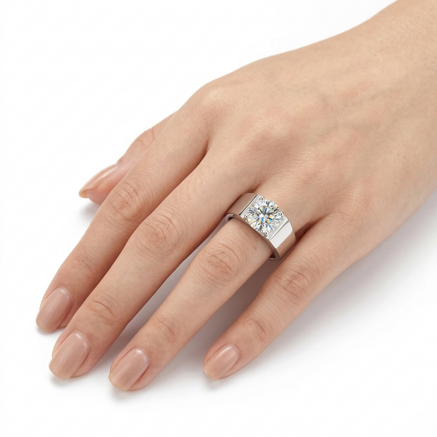 White Gold Plated Silver Wide Band Moissanite Unique Engagement Ring for Women 1ct, 2ct, 3ct Options