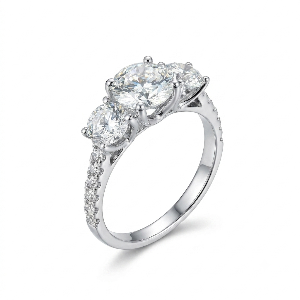 10k White Gold 3 Stone Slightly Blue / Turquoise Moissanite Ring 2.24ct