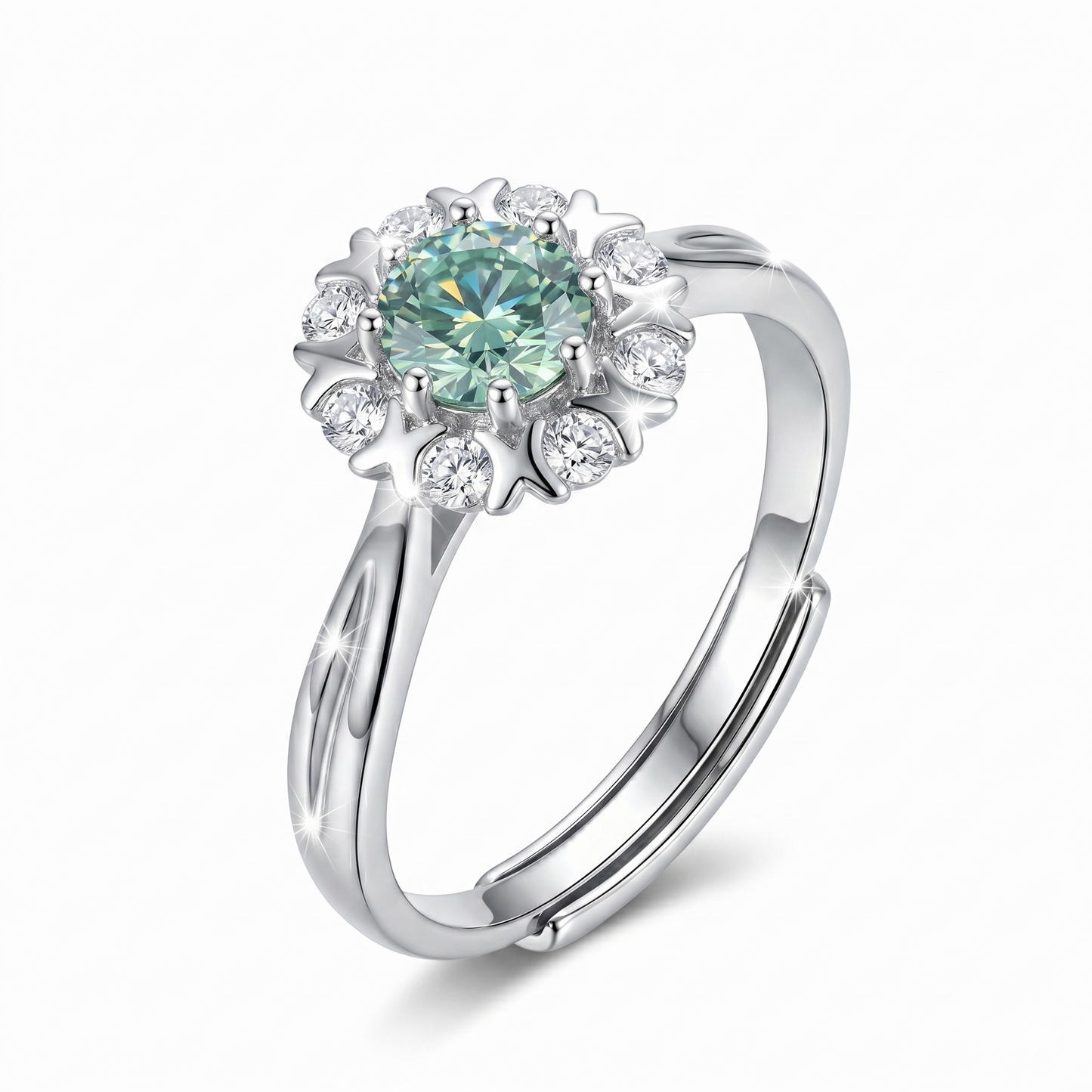 Platinum Plated Silver Halo Moissanite Ring Green 0.45ct Stone / Trending Styles Engagement Rings