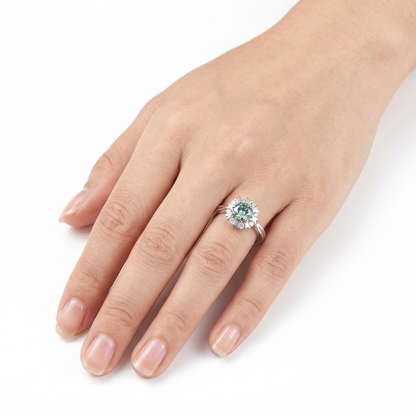 Platinum Plated Silver Halo Moissanite Ring Green 0.45ct Stone / Trending Styles Engagement Rings