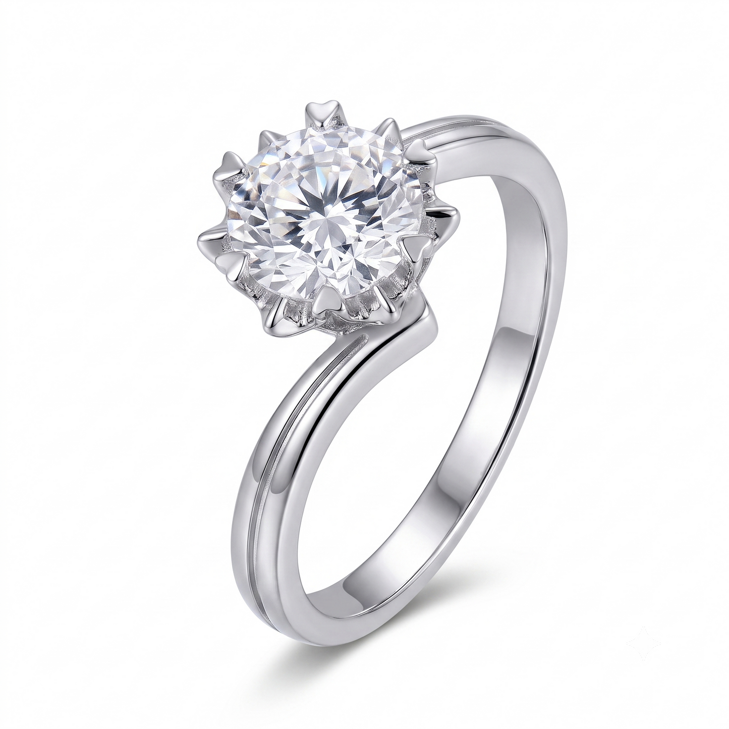 Platinum Plated Silver Twisted Solitaire Moissanite 1 Carat Ring
