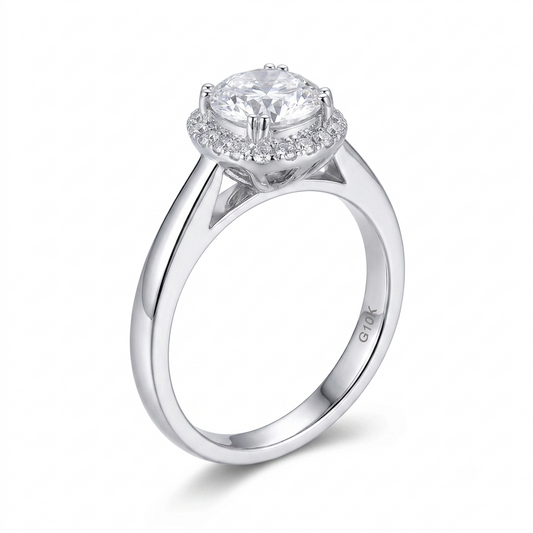10k White Gold Engagement Ring - Halo Moissanite Ring 1ct Center Stone