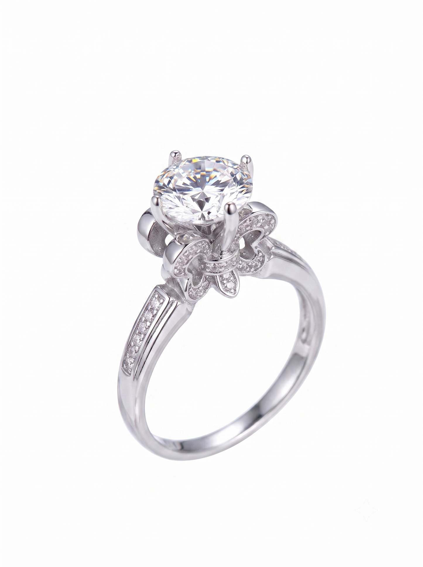 Platinum Plated Silver Fleur-de-lis Moissanite Ring 1ct & 2ct Options
