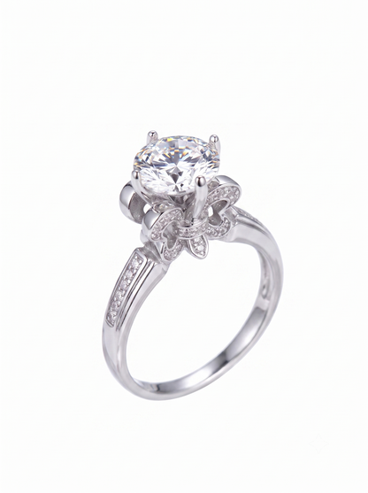 Platinum Plated Silver Fleur-de-lis Moissanite Ring 1ct & 2ct Options