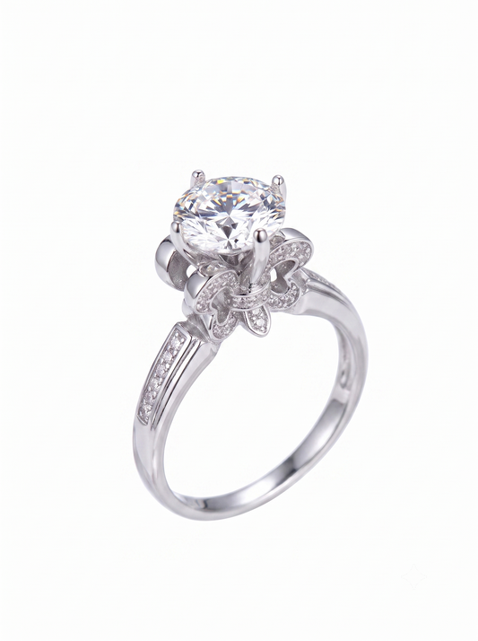 Platinum Plated Silver Fleur-de-lis Moissanite Ring 1ct & 2ct Options