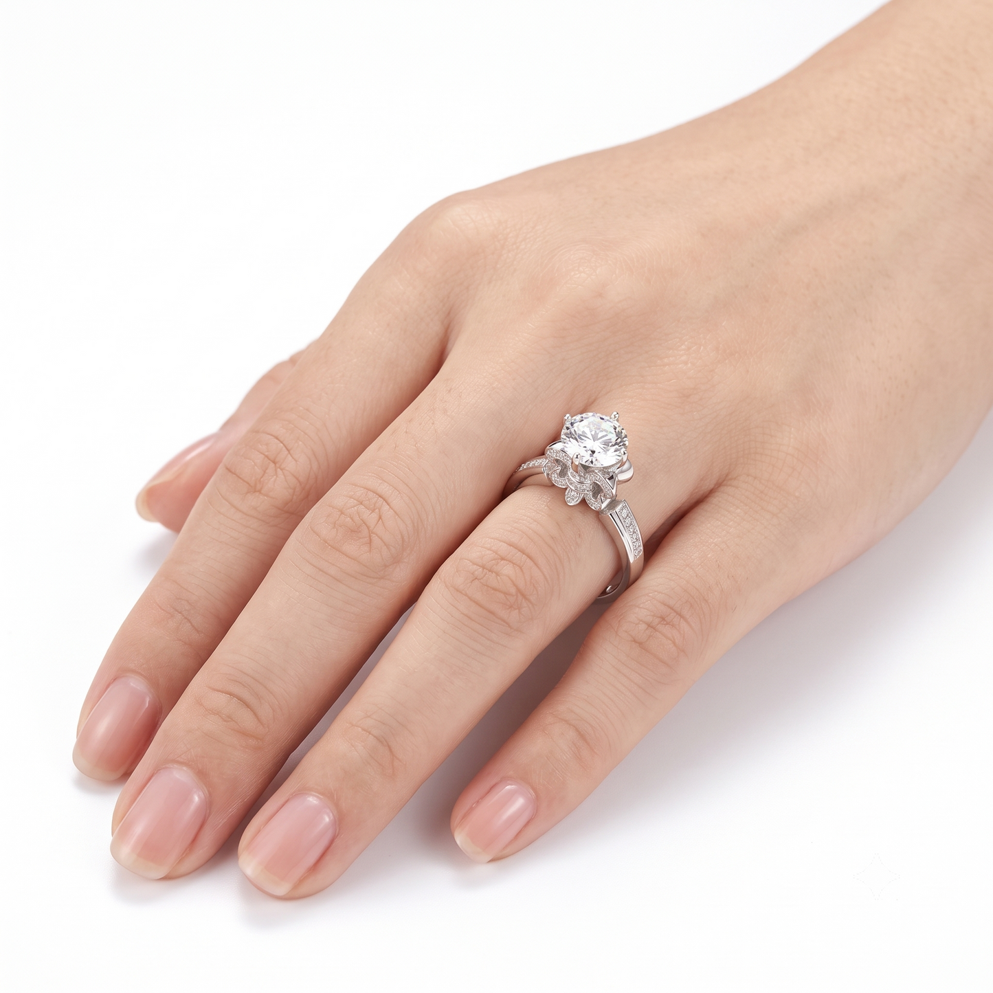 Platinum Plated Silver Fleur-de-lis Moissanite Ring 1ct & 2ct Options