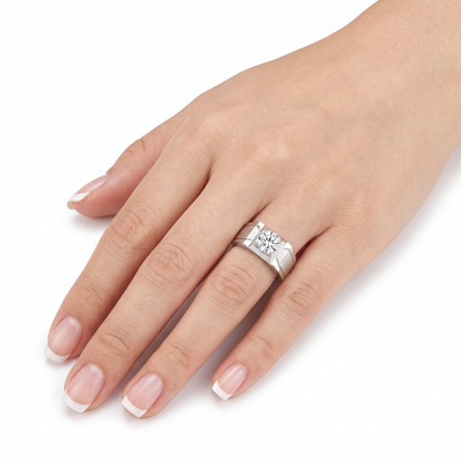 Platinum Plated Silver Wide Band Moissanite Ring 0.8ct
