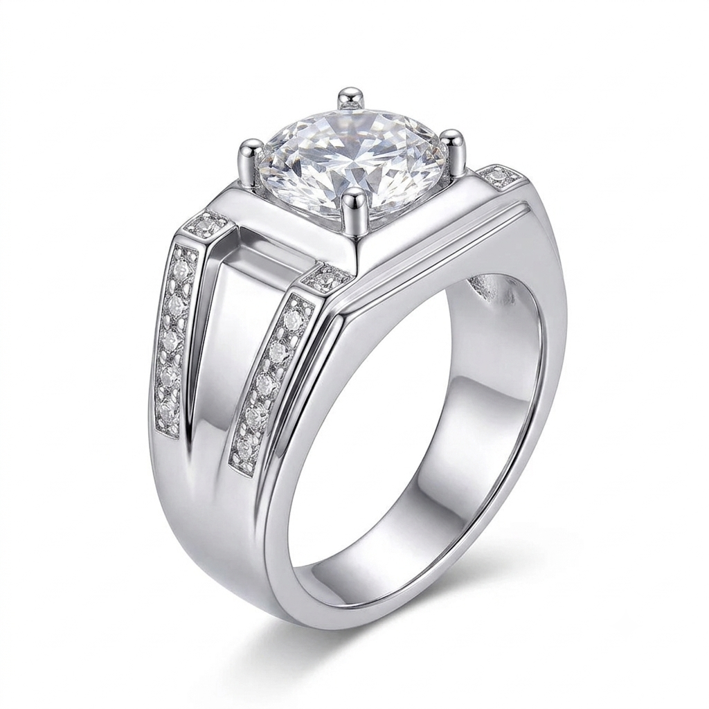 Platinum Plated Silver Wide Moissanite Ring 0.5ct - 2ct Options