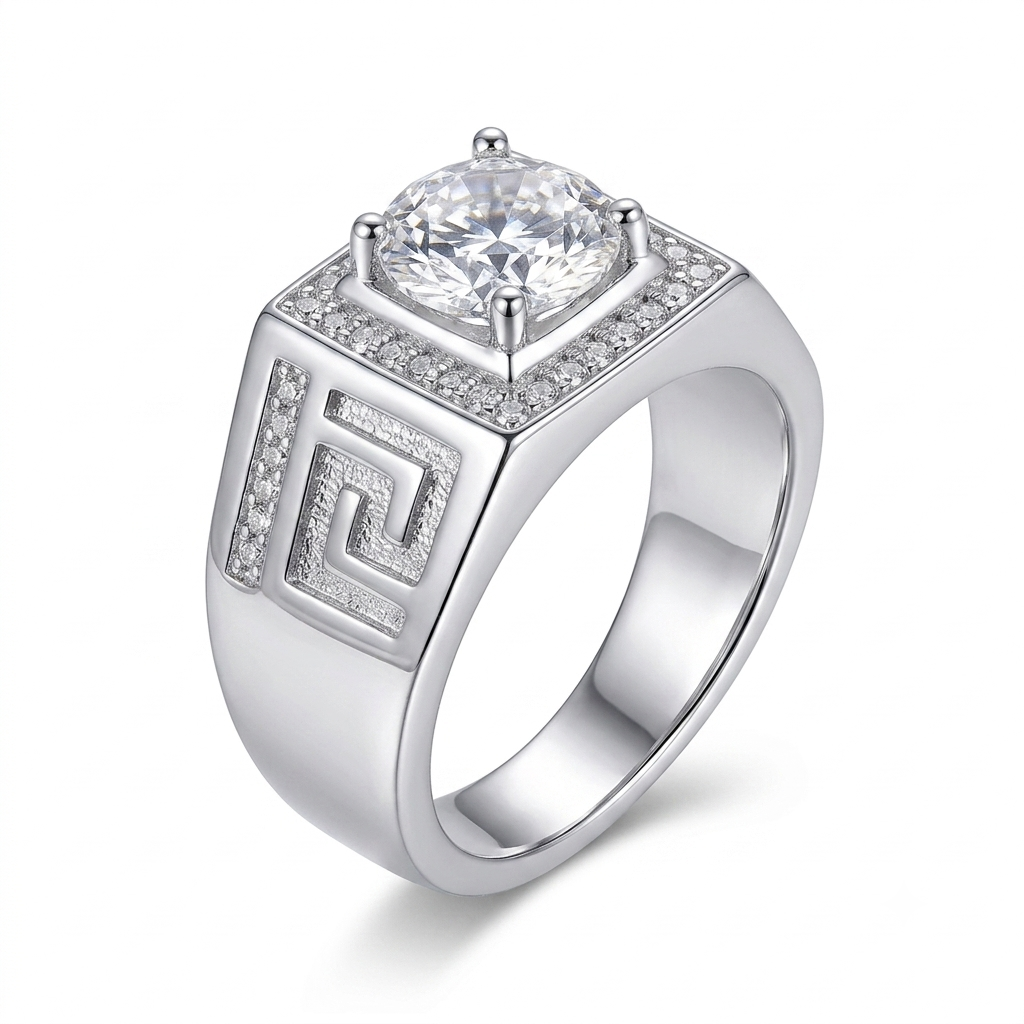 Wide Band Platinum Plated Silver Halo Moissanite Ring 1ct & 2ct Options
