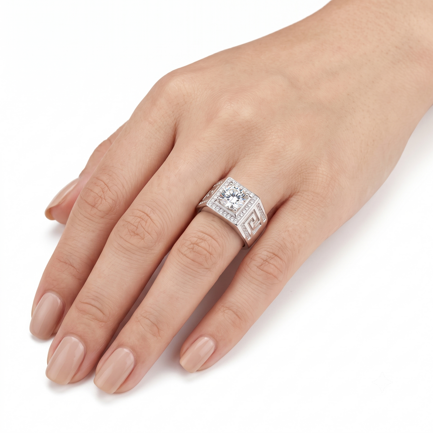 Wide Band Platinum Plated Silver Halo Moissanite Ring 1ct & 2ct Options
