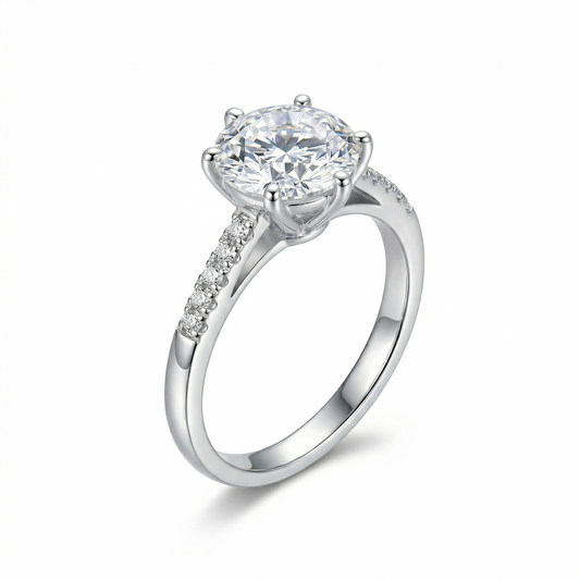 Platinum Plated Silver Moissanite Engagement Ring 1 Carat, 2 Carat, 3 Carat Options