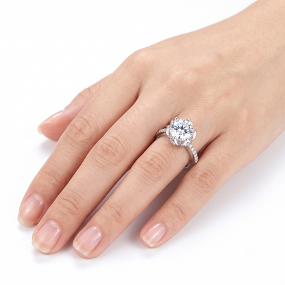Platinum Plated Silver Vintage Halo Moissanite Ring 1.2ct Center Stone