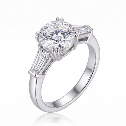 Platinum Plated Silver 3 Stone Moissanite Ring 1ct Center Stone