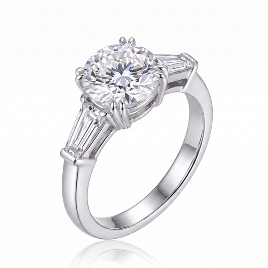 Platinum Plated Silver 3 Stone Moissanite Ring 1ct Center Stone