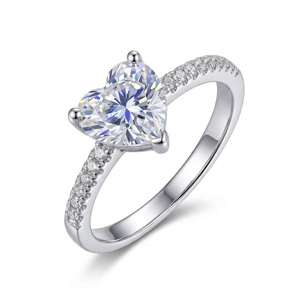 White Gold Plated Silver Heart Cut Moissanite Beautiful Unique Engagement Ring 1ct Center Stone