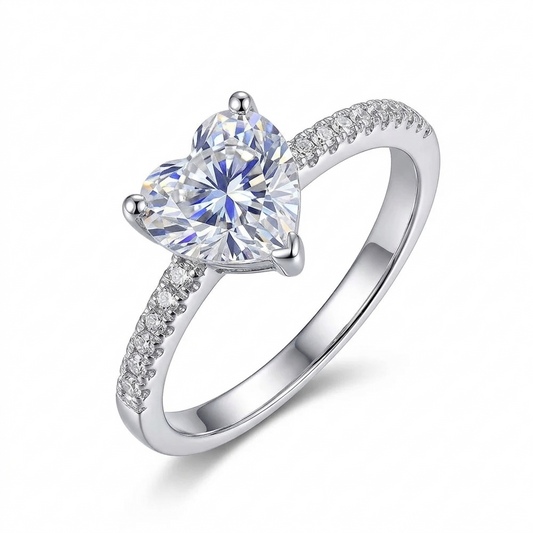 White Gold Plated Silver Heart Cut Moissanite Beautiful Unique Engagement Ring 1ct Center Stone