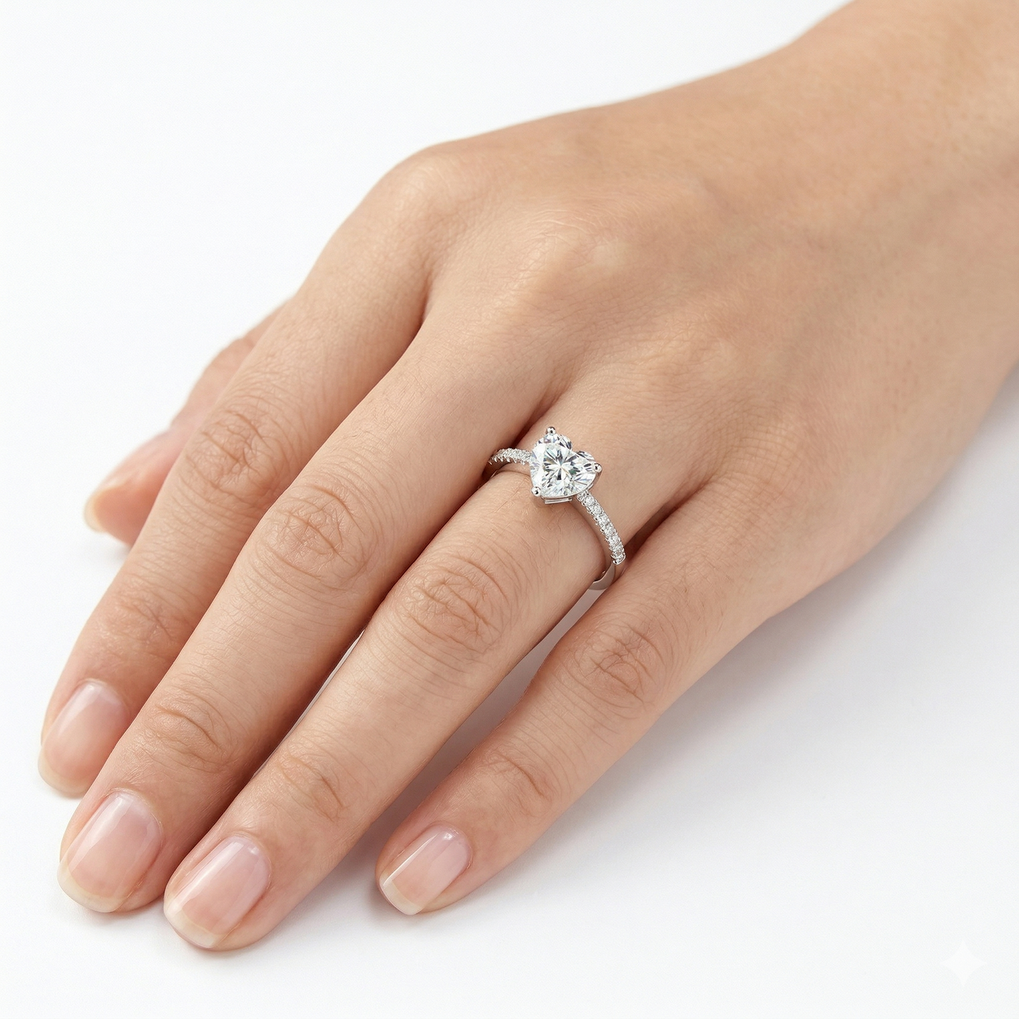 White Gold Plated Silver Heart Cut Moissanite Beautiful Unique Engagement Ring 1ct Center Stone