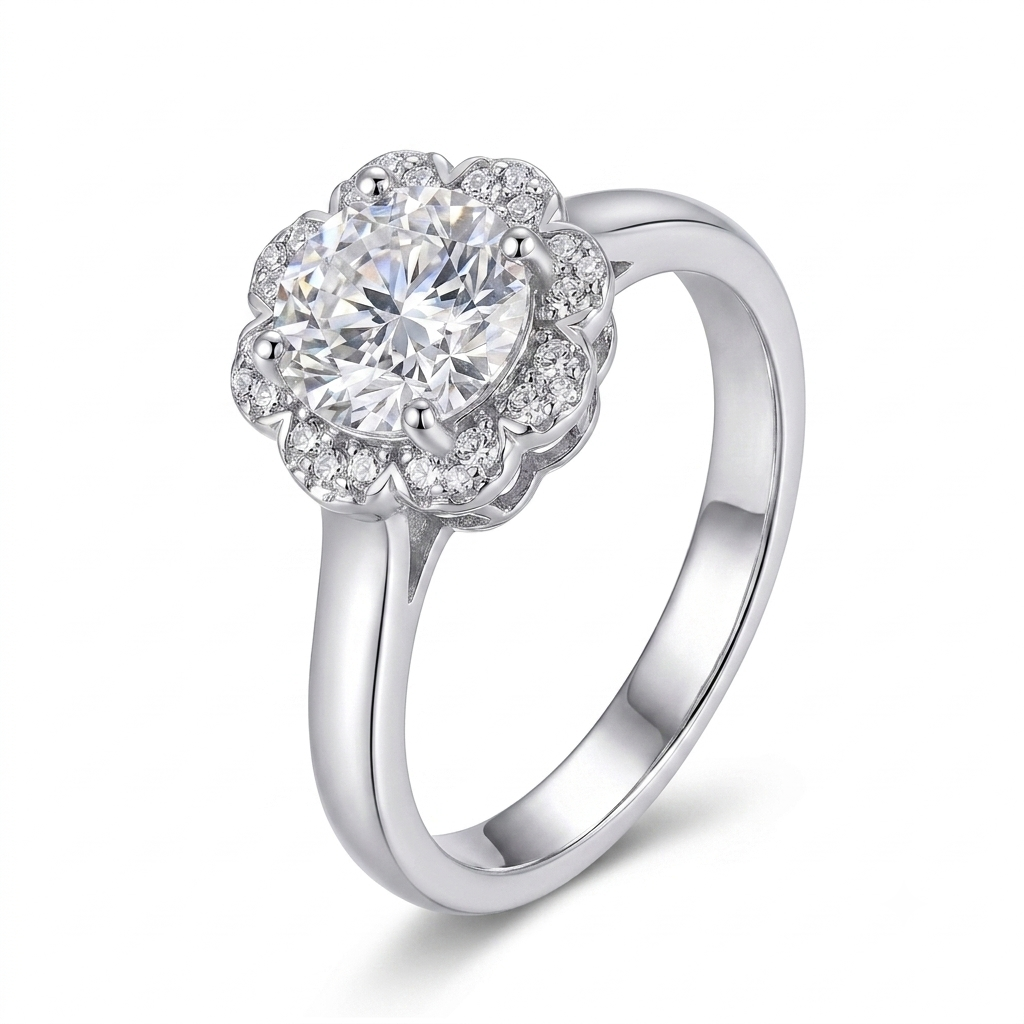 Halo Moissanite Engagement Ring, Silver Band 1 & 2 Carat Options